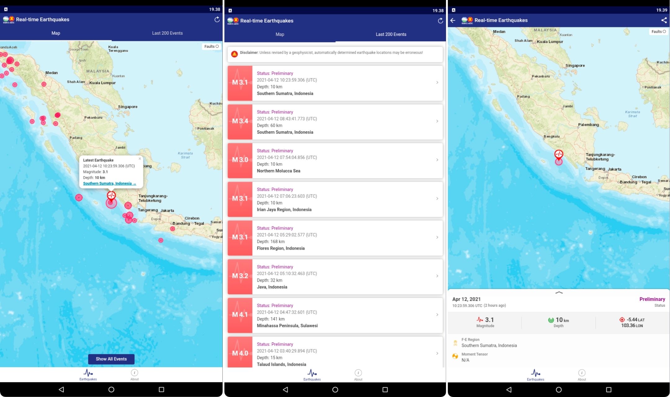Aplikasi gempa bumi negara ASEAN BMKG Real time Earthquakes