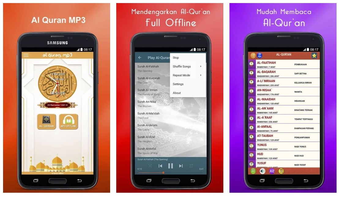 Tampilan dan fitur Al Quran MP3 Full Offline
