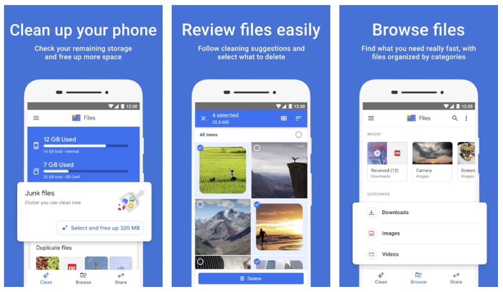 Tampilan dan fitur Files by Google - Clean up space on your phone