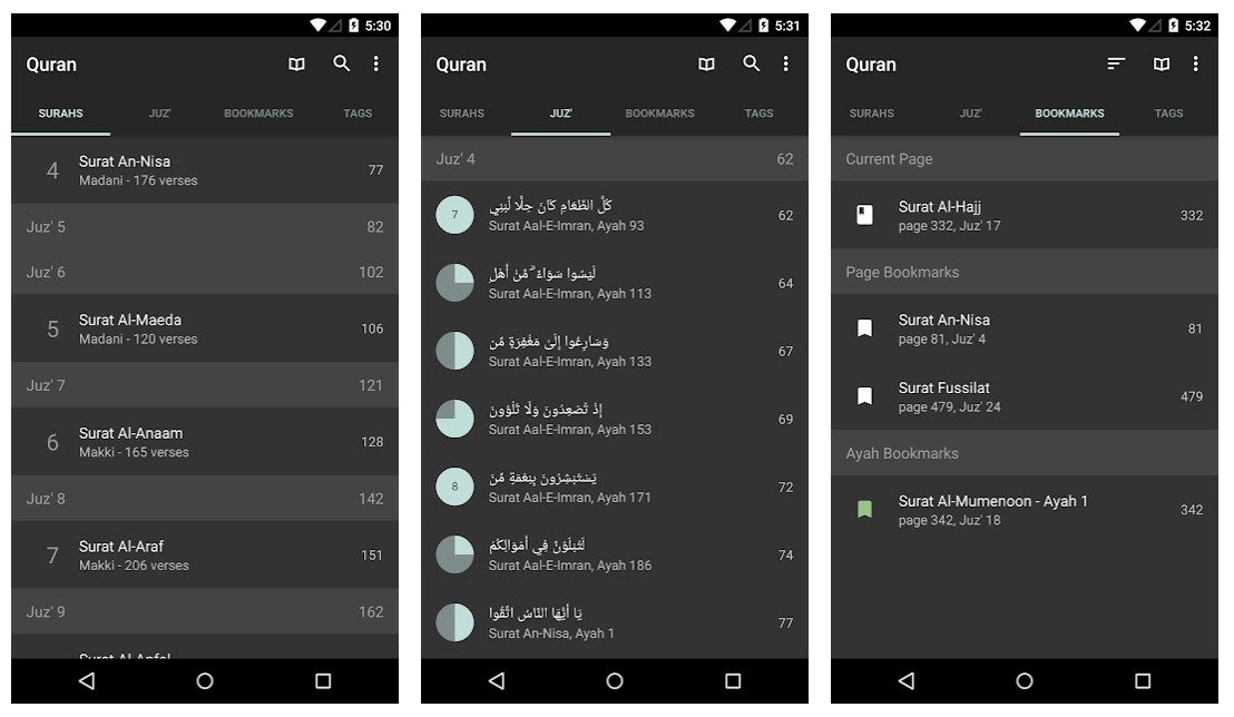 Tampilan dan fitur Quran for Android