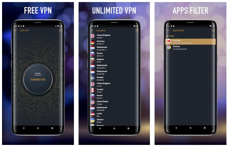 Tampilan dan fitur aplikasi LUX VPN Free Unlimited Fast VPN