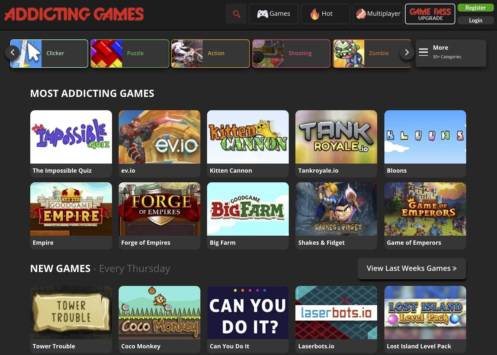 Tampilan homepage situs Addicting Games